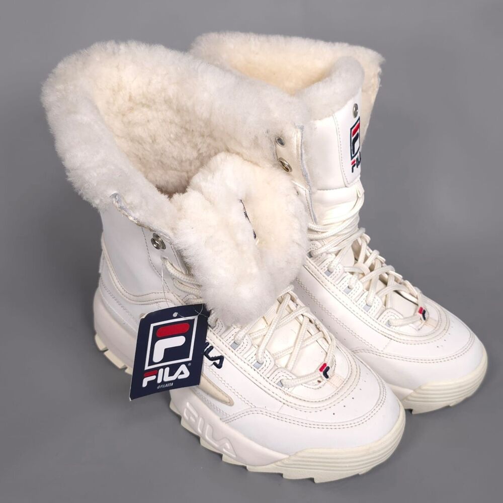 FILA New Women's Disruptor Shearling Boots US 8.5 Faux Fur Lined White Platform